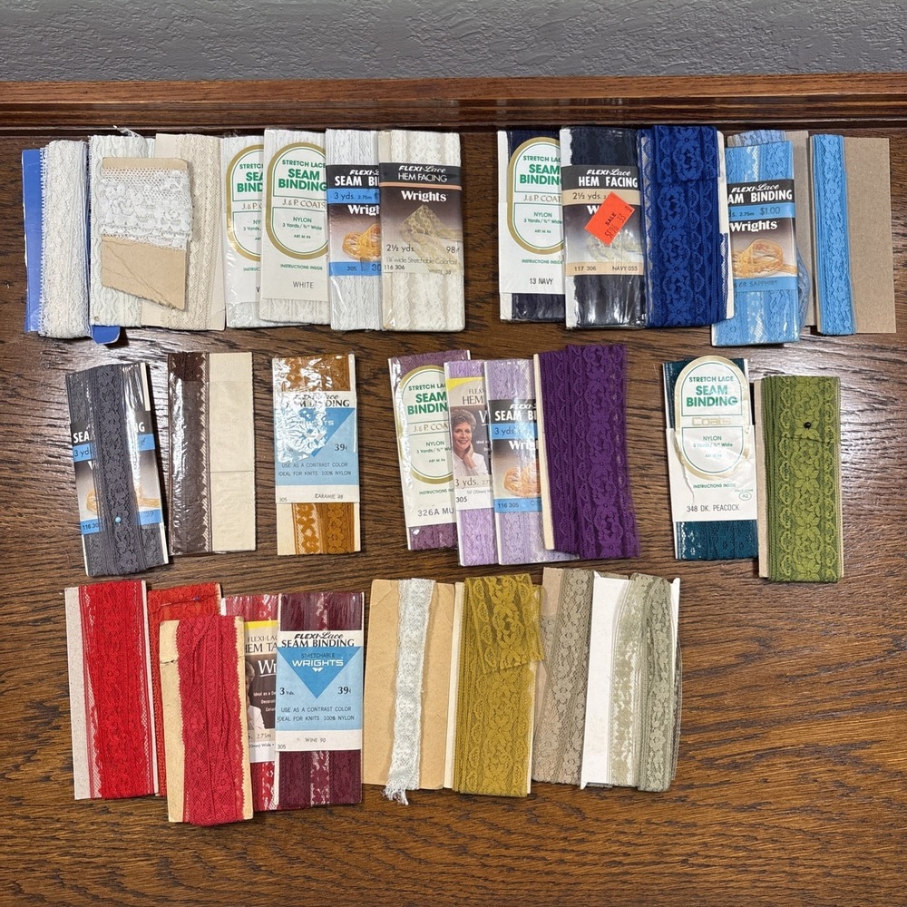 Lot Of 30 Vintage Wrights Coats Flexi Lace Seam Binding Multiple Colors & Widths
